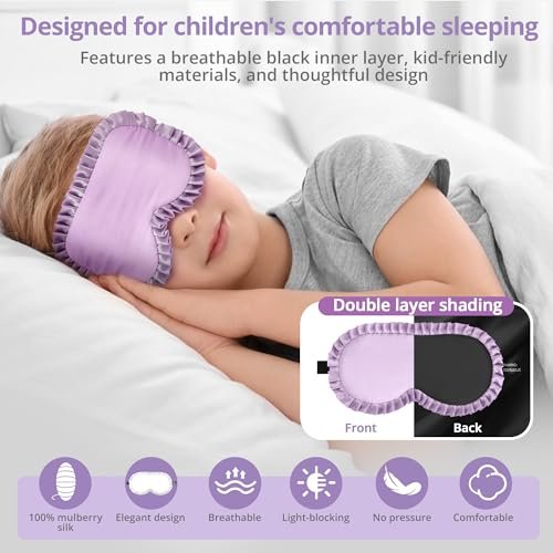 Kinder Schlafmaske, 100% echte Maulbeerseide Augenmaske, Schlafmaske für Kinder mit verstellbarem elastischem Band, weich & leicht, Schlafbrille Geschenk für Jungen Mädchen Teenager ab 5 Jahren (Lila)