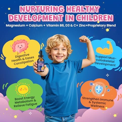 Magnesium Flüssigtropfen für Kinder – Magnesiumglycinat, Citrat, Calcium, Omega-3, L-Theanin, Zink, Vitamin B6, D3, C für Schlaf, Entspannung, Ruhe & Konzentration, Erdbeergeschmack, 60 ml