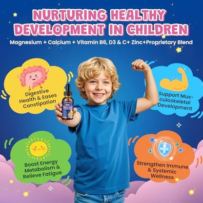 Magnesium Flüssigtropfen für Kinder – Magnesiumglycinat, Citrat, Calcium, Omega-3, L-Theanin, Zink, Vitamin B6, D3, C für Schlaf, Entspannung, Ruhe & Konzentration, Erdbeergeschmack, 60 ml
