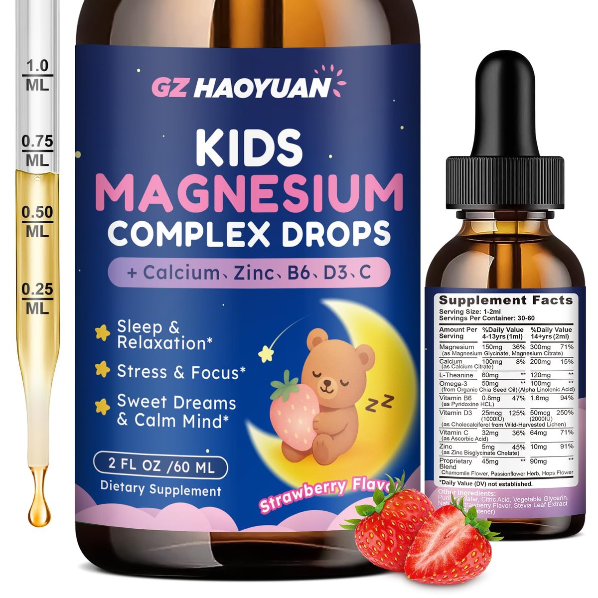 Magnesium Flüssigtropfen für Kinder – Magnesiumglycinat, Citrat, Calcium, Omega-3, L-Theanin, Zink, Vitamin B6, D3, C für Schlaf, Entspannung, Ruhe & Konzentration, Erdbeergeschmack, 60 ml