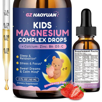 Magnesium Flüssigtropfen für Kinder – Magnesiumglycinat, Citrat, Calcium, Omega-3, L-Theanin, Zink, Vitamin B6, D3, C für Schlaf, Entspannung, Ruhe & Konzentration, Erdbeergeschmack, 60 ml