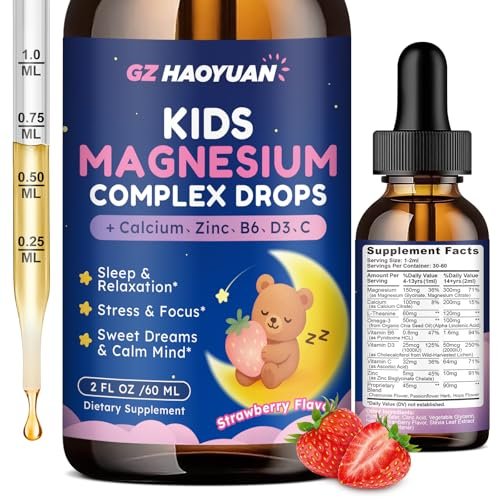 Magnesium Flüssigtropfen für Kinder – Magnesiumglycinat, Citrat, Calcium, Omega-3, L-Theanin, Zink, Vitamin B6, D3, C für Schlaf, Entspannung, Ruhe & Konzentration, Erdbeergeschmack, 60 ml