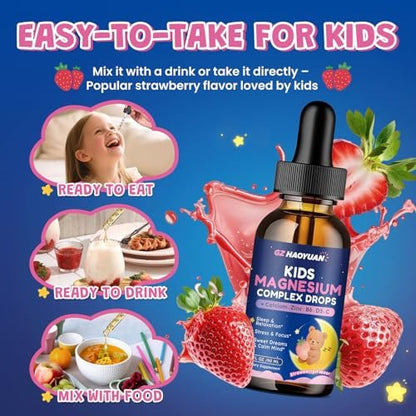 Magnesium Flüssigtropfen für Kinder – Magnesiumglycinat, Citrat, Calcium, Omega-3, L-Theanin, Zink, Vitamin B6, D3, C für Schlaf, Entspannung, Ruhe & Konzentration, Erdbeergeschmack, 60 ml