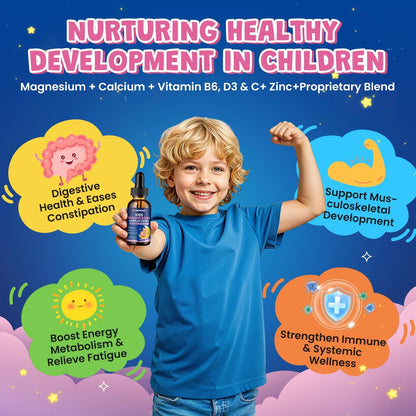 Magnesium Flüssigtropfen für Kinder – Magnesiumglycinat, Citrat, Calcium, Omega-3, L-Theanin, Zink, Vitamin B6, D3, C für Schlaf, Entspannung, Ruhe & Konzentration, Erdbeergeschmack, 60 ml