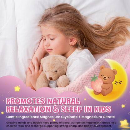 Magnesium Flüssigtropfen für Kinder – Magnesiumglycinat, Citrat, Calcium, Omega-3, L-Theanin, Zink, Vitamin B6, D3, C für Schlaf, Entspannung, Ruhe & Konzentration, Erdbeergeschmack, 60 ml