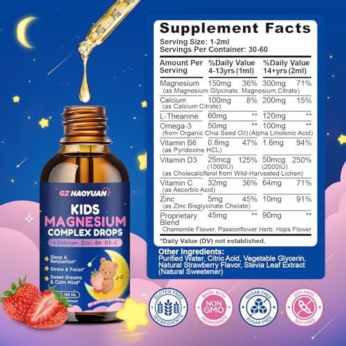 Magnesium Flüssigtropfen für Kinder – Magnesiumglycinat, Citrat, Calcium, Omega-3, L-Theanin, Zink, Vitamin B6, D3, C für Schlaf, Entspannung, Ruhe & Konzentration, Erdbeergeschmack, 60 ml
