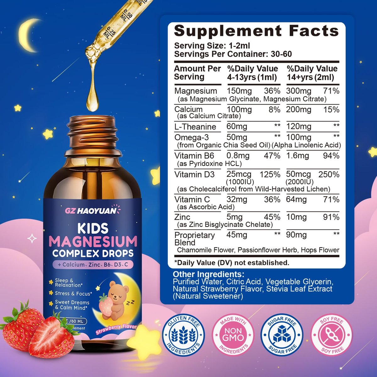 Magnesium Flüssigtropfen für Kinder – Magnesiumglycinat, Citrat, Calcium, Omega-3, L-Theanin, Zink, Vitamin B6, D3, C für Schlaf, Entspannung, Ruhe & Konzentration, Erdbeergeschmack, 60 ml