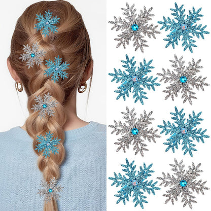 Atoden Sparkly Snowflake Haarspangen 8er Set – Weihnachtliche Accessoires für Frauen und Mädchen, Prinzessin Elsa Frozen Cosplay Party Dekoration (Blau und Silber)