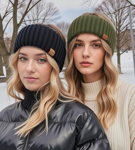 Sofier Winter-Stirnbänder für Damen 3er-Pack Gestrickte Ohrwärmer mit dicker Fleece-Fütterung für kaltes Wetter, Geschenke (Blau)