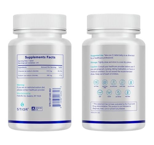STIOR Reines Natriumchlorid Tabletten 1000 mg | 240 Stück Salzergänzung | GMP-zertifiziert in den USA, drittanbietergetestet | Vegan, Nicht-GVO, Glutenfrei, ohne Allergene & künstliche Zusätze