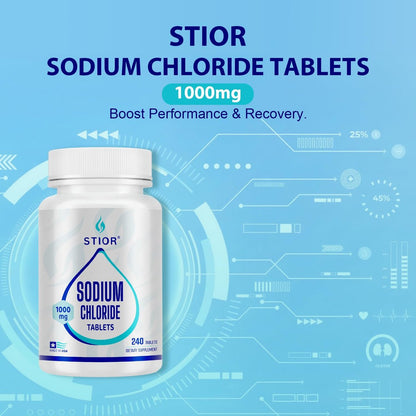 STIOR Reines Natriumchlorid Tabletten 1000 mg | 240 Stück Salzergänzung | GMP-zertifiziert in den USA, drittanbietergetestet | Vegan, Nicht-GVO, Glutenfrei, ohne Allergene & künstliche Zusätze