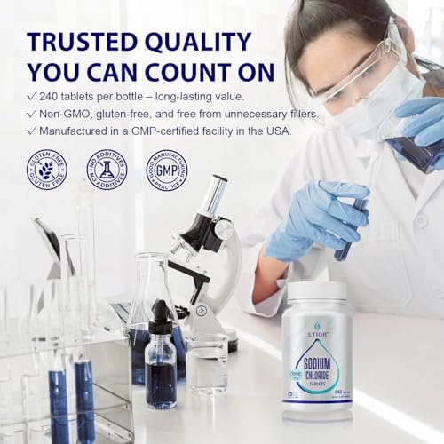 STIOR Reines Natriumchlorid Tabletten 1000 mg | 240 Stück Salzergänzung | GMP-zertifiziert in den USA, drittanbietergetestet | Vegan, Nicht-GVO, Glutenfrei, ohne Allergene & künstliche Zusätze