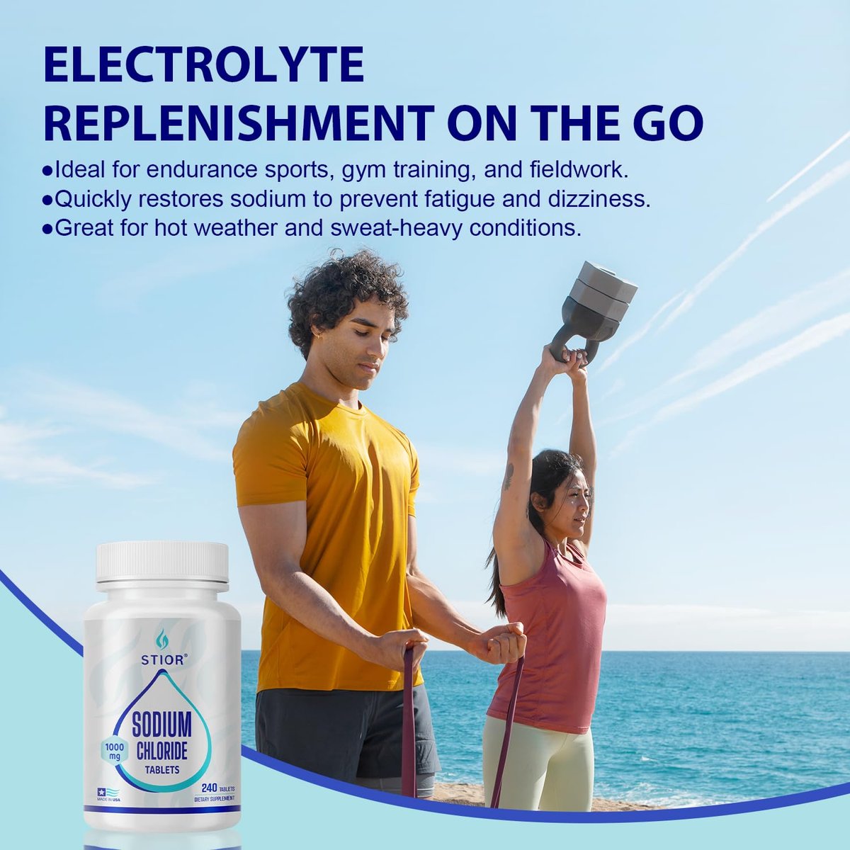 STIOR Reines Natriumchlorid Tabletten 1000 mg | 240 Stück Salzergänzung | GMP-zertifiziert in den USA, drittanbietergetestet | Vegan, Nicht-GVO, Glutenfrei, ohne Allergene & künstliche Zusätze