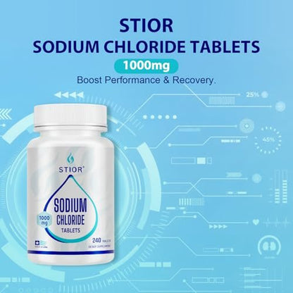 STIOR Reines Natriumchlorid Tabletten 1000 mg | 240 Stück Salzergänzung | GMP-zertifiziert in den USA, drittanbietergetestet | Vegan, Nicht-GVO, Glutenfrei, ohne Allergene & künstliche Zusätze