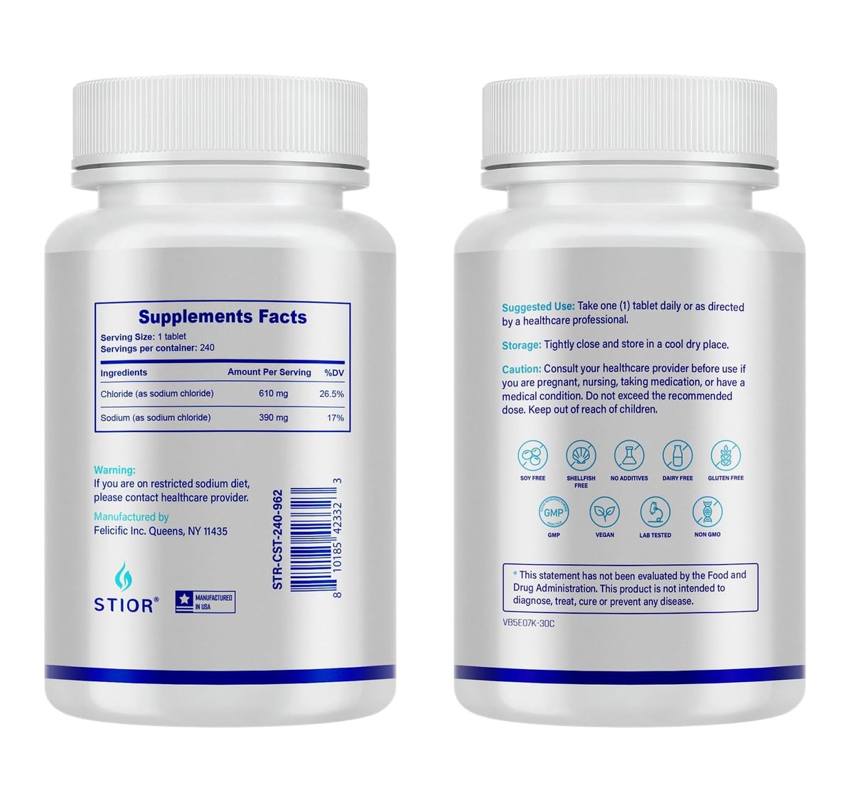 STIOR Reines Natriumchlorid Tabletten 1000 mg | 240 Stück Salzergänzung | GMP-zertifiziert in den USA, drittanbietergetestet | Vegan, Nicht-GVO, Glutenfrei, ohne Allergene & künstliche Zusätze