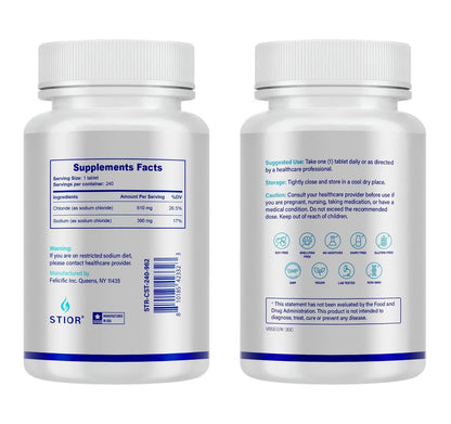 STIOR Reines Natriumchlorid Tabletten 1000 mg | 240 Stück Salzergänzung | GMP-zertifiziert in den USA, drittanbietergetestet | Vegan, Nicht-GVO, Glutenfrei, ohne Allergene & künstliche Zusätze