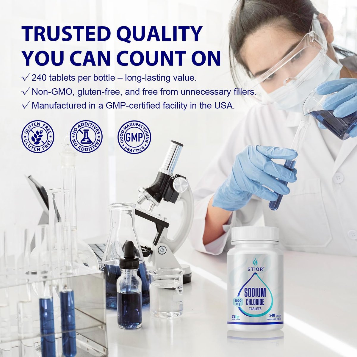 STIOR Reines Natriumchlorid Tabletten 1000 mg | 240 Stück Salzergänzung | GMP-zertifiziert in den USA, drittanbietergetestet | Vegan, Nicht-GVO, Glutenfrei, ohne Allergene & künstliche Zusätze