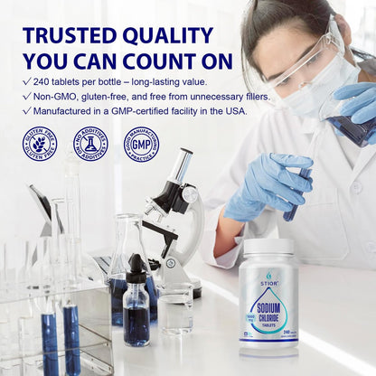 STIOR Reines Natriumchlorid Tabletten 1000 mg | 240 Stück Salzergänzung | GMP-zertifiziert in den USA, drittanbietergetestet | Vegan, Nicht-GVO, Glutenfrei, ohne Allergene & künstliche Zusätze