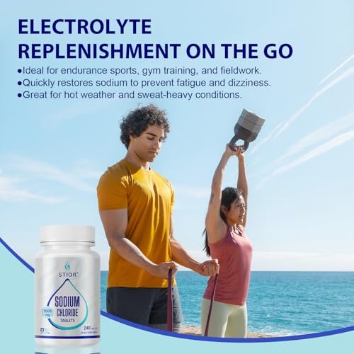 STIOR Reines Natriumchlorid Tabletten 1000 mg | 240 Stück Salzergänzung | GMP-zertifiziert in den USA, drittanbietergetestet | Vegan, Nicht-GVO, Glutenfrei, ohne Allergene & künstliche Zusätze