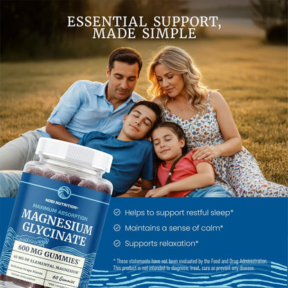 Magnesium Glycinat Gummies 600 mg | Schlaf, Ruhe & Entspannung | 60 mg elementares Magnesium pro Portion | Traubengeschmack, glutenfrei | Hoch absorbierbare Magnesium Gummis für Frauen, Männer & Familie | 60 Stück