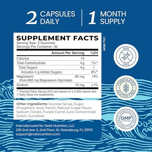Magnesium Glycinat Gummies 600 mg | Schlaf, Ruhe & Entspannung | 60 mg elementares Magnesium pro Portion | Traubengeschmack, glutenfrei | Hoch absorbierbare Magnesium Gummis für Frauen, Männer & Familie | 60 Stück
