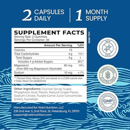 Magnesium Glycinat Gummies 600 mg | Schlaf, Ruhe & Entspannung | 60 mg elementares Magnesium pro Portion | Traubengeschmack, glutenfrei | Hoch absorbierbare Magnesium Gummis für Frauen, Männer & Familie | 60 Stück