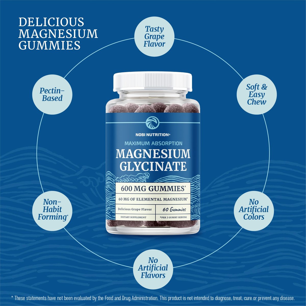 Magnesium Glycinat Gummies 600 mg | Schlaf, Ruhe & Entspannung | 60 mg elementares Magnesium pro Portion | Traubengeschmack, glutenfrei | Hoch absorbierbare Magnesium Gummis für Frauen, Männer & Familie | 60 Stück