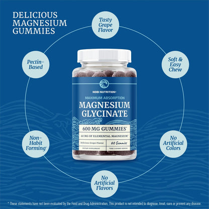 Magnesium Glycinat Gummies 600 mg | Schlaf, Ruhe & Entspannung | 60 mg elementares Magnesium pro Portion | Traubengeschmack, glutenfrei | Hoch absorbierbare Magnesium Gummis für Frauen, Männer & Familie | 60 Stück