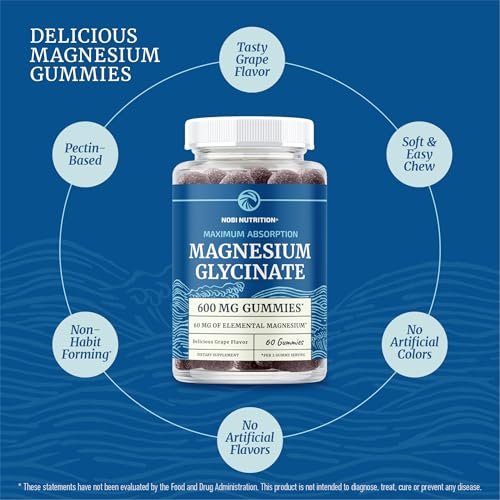 Magnesium Glycinat Gummies 600 mg | Schlaf, Ruhe & Entspannung | 60 mg elementares Magnesium pro Portion | Traubengeschmack, glutenfrei | Hoch absorbierbare Magnesium Gummis für Frauen, Männer & Familie | 60 Stück