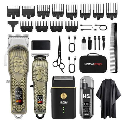 HIENA PRO Professioneller Haarschneider für Herren, Kabelloser Haarschneider für Barber-Clipper und Trimmer LED-Haarschneideset mit Folienrasierer, Nasentrimmer, Wiederaufladbare Haarschneidemaschine für Männer