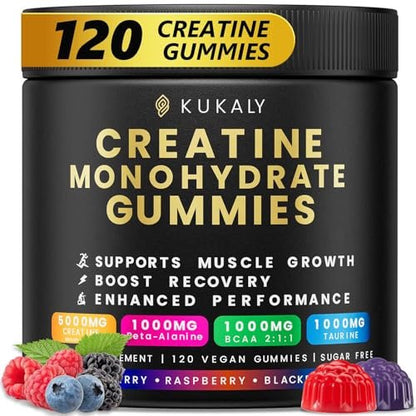 Creatin-Monohydrat-Gummis für Männer & Frauen, zuckerfrei mit L-Taurin, BCAA 2:1, B12 & B6 – Vegan, Nicht-GVO, Erdbeergeschmack, 120 Stück