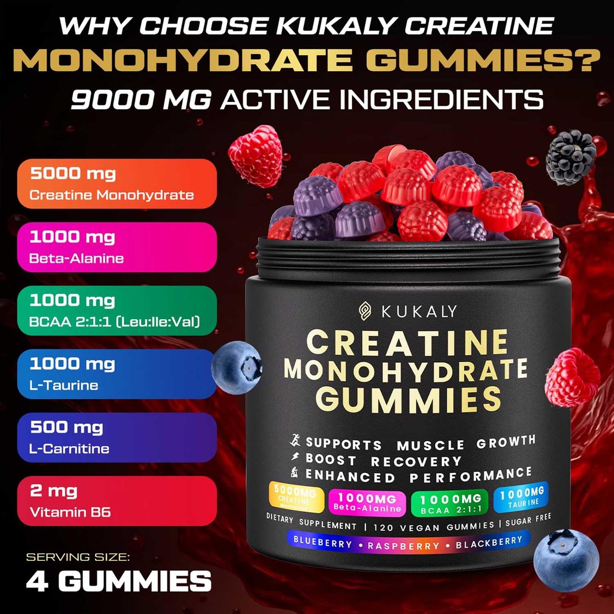 Creatin-Monohydrat-Gummis für Männer & Frauen, zuckerfrei mit L-Taurin, BCAA 2:1, B12 & B6 – Vegan, Nicht-GVO, Erdbeergeschmack, 120 Stück