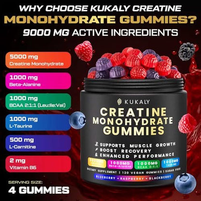 Creatin-Monohydrat-Gummis für Männer & Frauen, zuckerfrei mit L-Taurin, BCAA 2:1, B12 & B6 – Vegan, Nicht-GVO, Erdbeergeschmack, 120 Stück