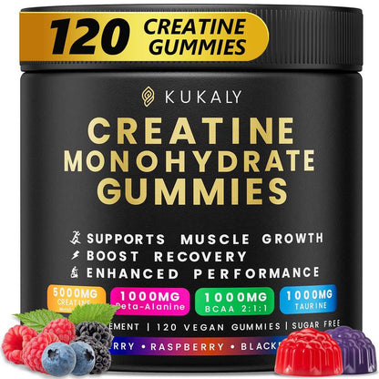 Creatin-Monohydrat-Gummis für Männer & Frauen, zuckerfrei mit L-Taurin, BCAA 2:1, B12 & B6 – Vegan, Nicht-GVO, Erdbeergeschmack, 120 Stück