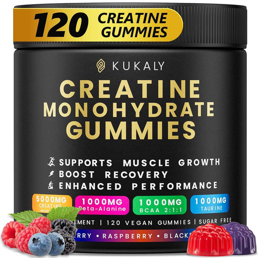 Creatin-Monohydrat-Gummis für Männer & Frauen, zuckerfrei mit L-Taurin, BCAA 2:1, B12 & B6 – Vegan, Nicht-GVO, Erdbeergeschmack, 120 Stück