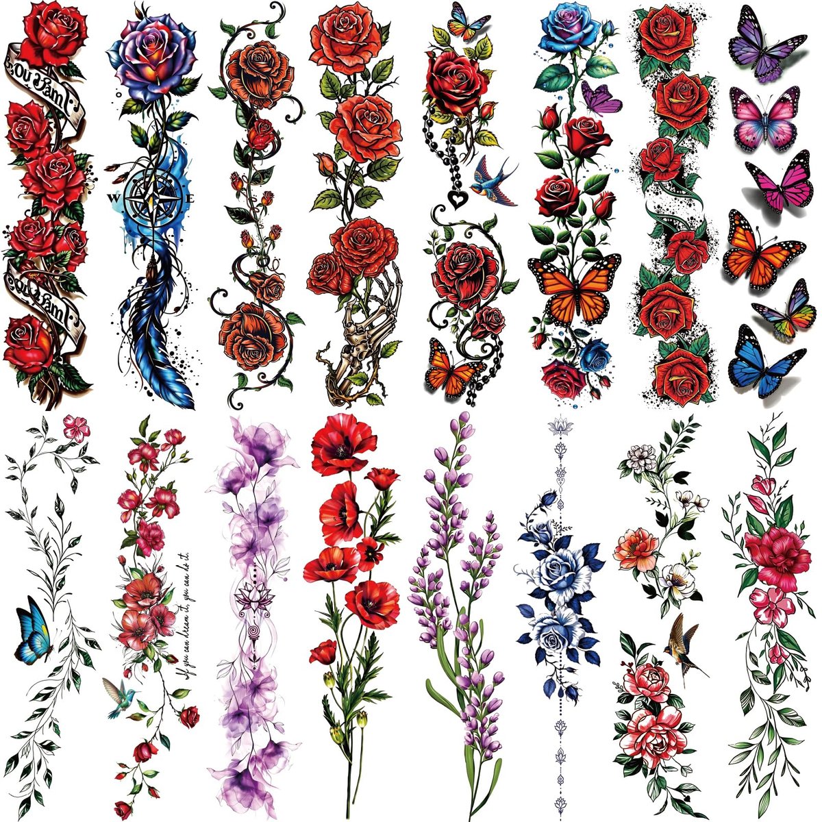 Casciybo 3D Blumen Temporäre Tattoos für Frauen - 24 Blätter Bunte Blumen Rosen Realistische Schmetterling Tattoo Aufkleber Aquarell Wasserfest Tattoo für Arm Schlüsselbein Bein Rückgrat Körperkunst