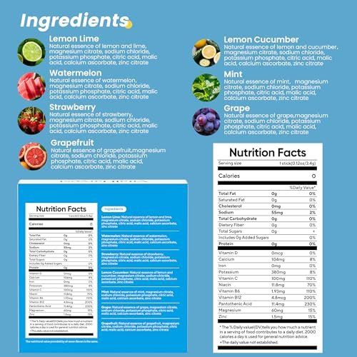 24 Sticks Electrolytes Pulver-Päckchen 7 Geschmacksrichtungen Zuckerfreie Hydratationspäckchen Liquid Daily IV Drink Mix, wenig Natrium, Zitronenlimonade, Wassermelone, Erdbeere, Traube, Grapefruit, Zitronengurke, Minze