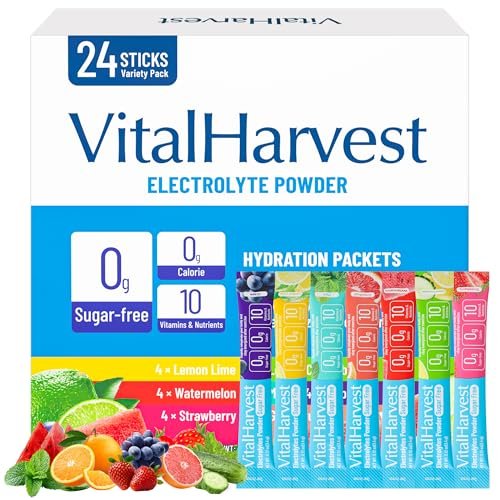 24 Sticks Electrolytes Pulver-Päckchen 7 Geschmacksrichtungen Zuckerfreie Hydratationspäckchen Liquid Daily IV Drink Mix, wenig Natrium, Zitronenlimonade, Wassermelone, Erdbeere, Traube, Grapefruit, Zitronengurke, Minze