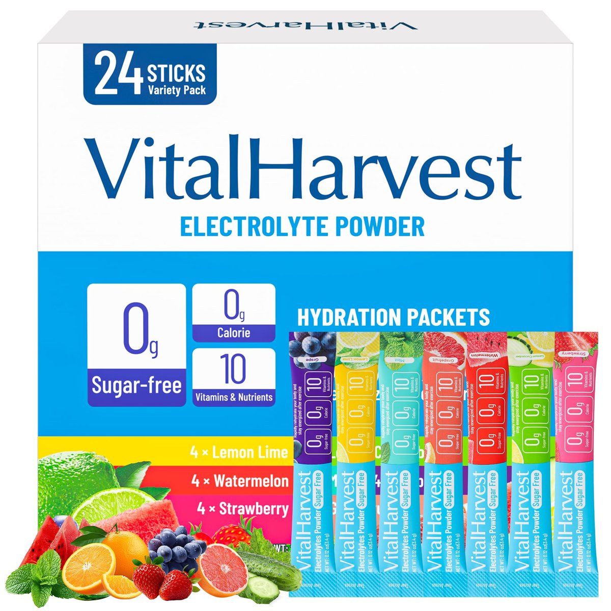 24 Sticks Electrolytes Pulver-Päckchen 7 Geschmacksrichtungen Zuckerfreie Hydratationspäckchen Liquid Daily IV Drink Mix, wenig Natrium, Zitronenlimonade, Wassermelone, Erdbeere, Traube, Grapefruit, Zitronengurke, Minze