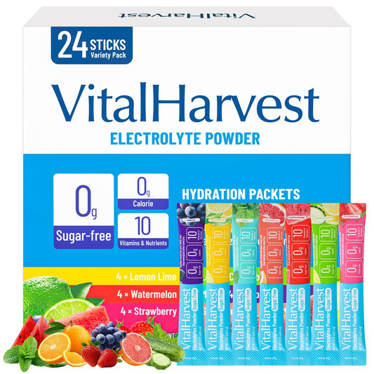 24 Sticks Electrolytes Pulver-Päckchen 7 Geschmacksrichtungen Zuckerfreie Hydratationspäckchen Liquid Daily IV Drink Mix, wenig Natrium, Zitronenlimonade, Wassermelone, Erdbeere, Traube, Grapefruit, Zitronengurke, Minze