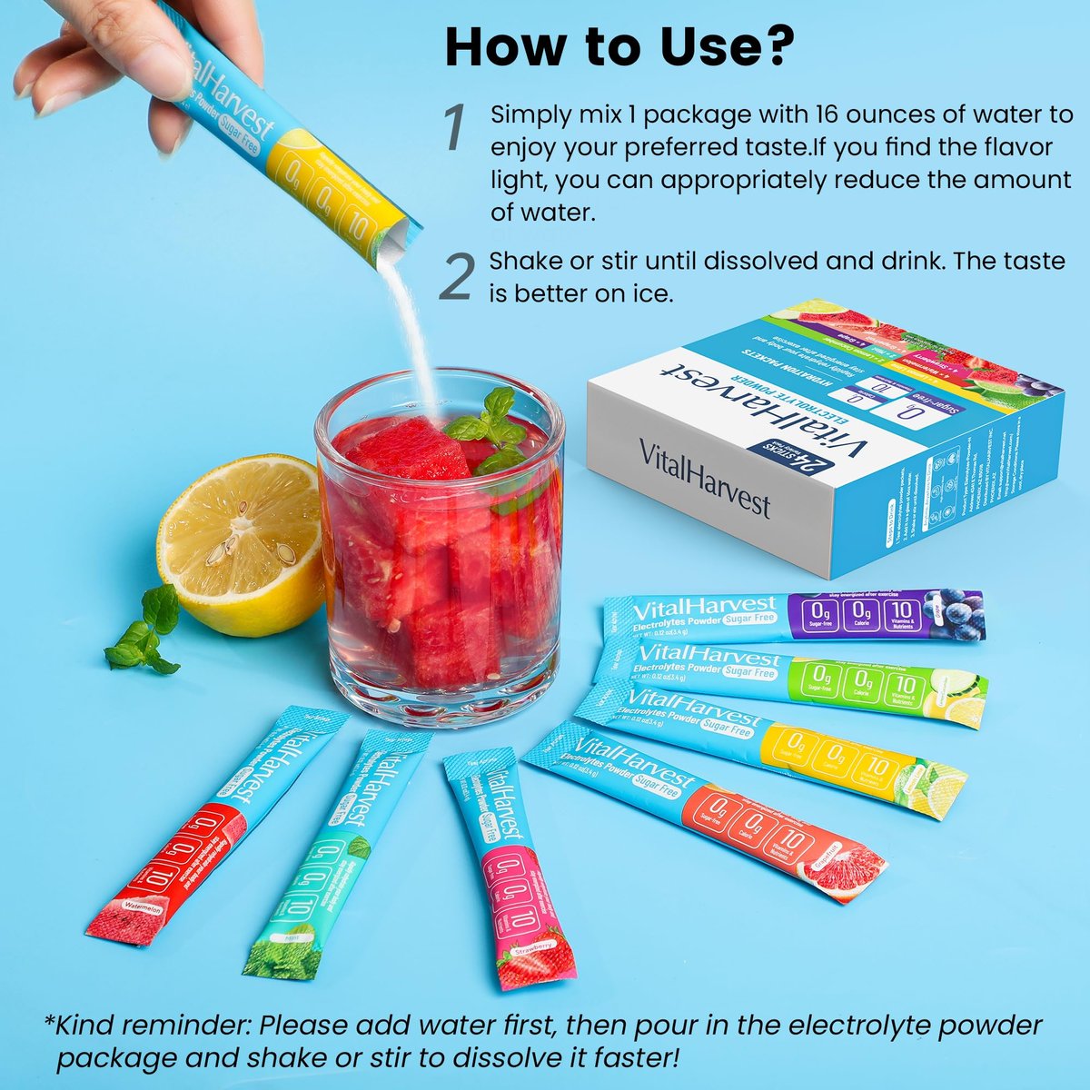24 Sticks Electrolytes Pulver-Päckchen 7 Geschmacksrichtungen Zuckerfreie Hydratationspäckchen Liquid Daily IV Drink Mix, wenig Natrium, Zitronenlimonade, Wassermelone, Erdbeere, Traube, Grapefruit, Zitronengurke, Minze