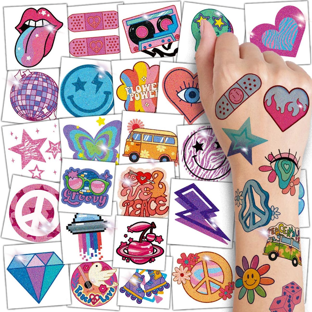 CHARLENT Glitter Groovy 70s Temporäre Tattoos für Kinder - 74 Einzelblätter Glitzer Retro Flower Power, Smiley Dekorationen Tattoo-Aufkleber für Jungen und Mädchen
