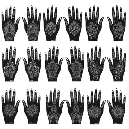 Mzstgh Henna Tattoo Schablonen Set, 18 selbstklebende Vorlagen, indische Mehndi Designs für Hände, traditionelle Körperkunst