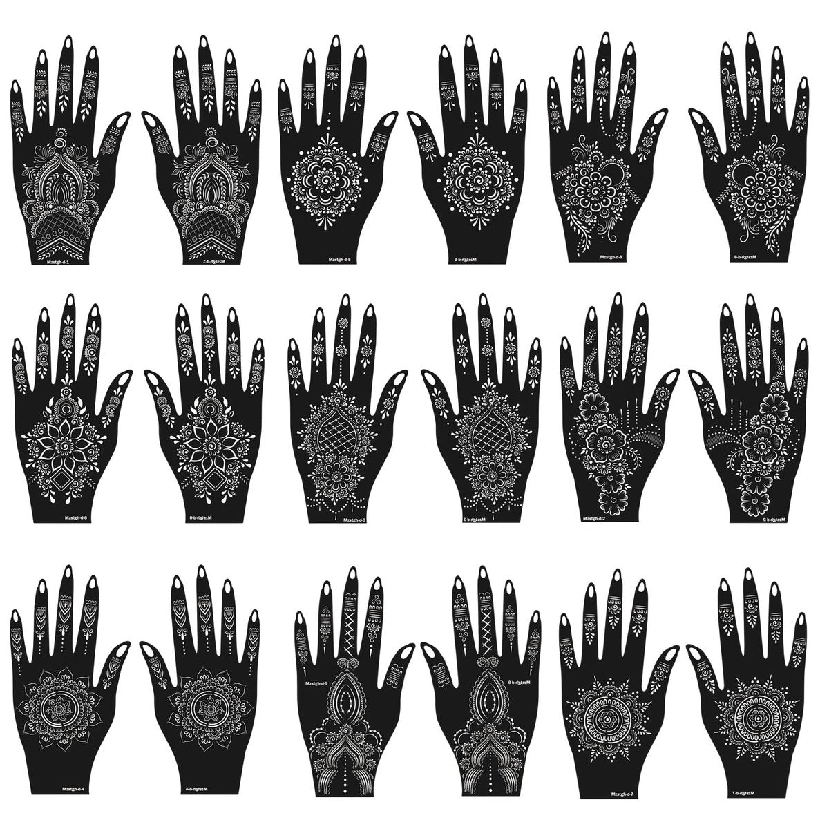 Mzstgh Henna Tattoo Schablonen Set, 18 selbstklebende Vorlagen, indische Mehndi Designs für Hände, traditionelle Körperkunst