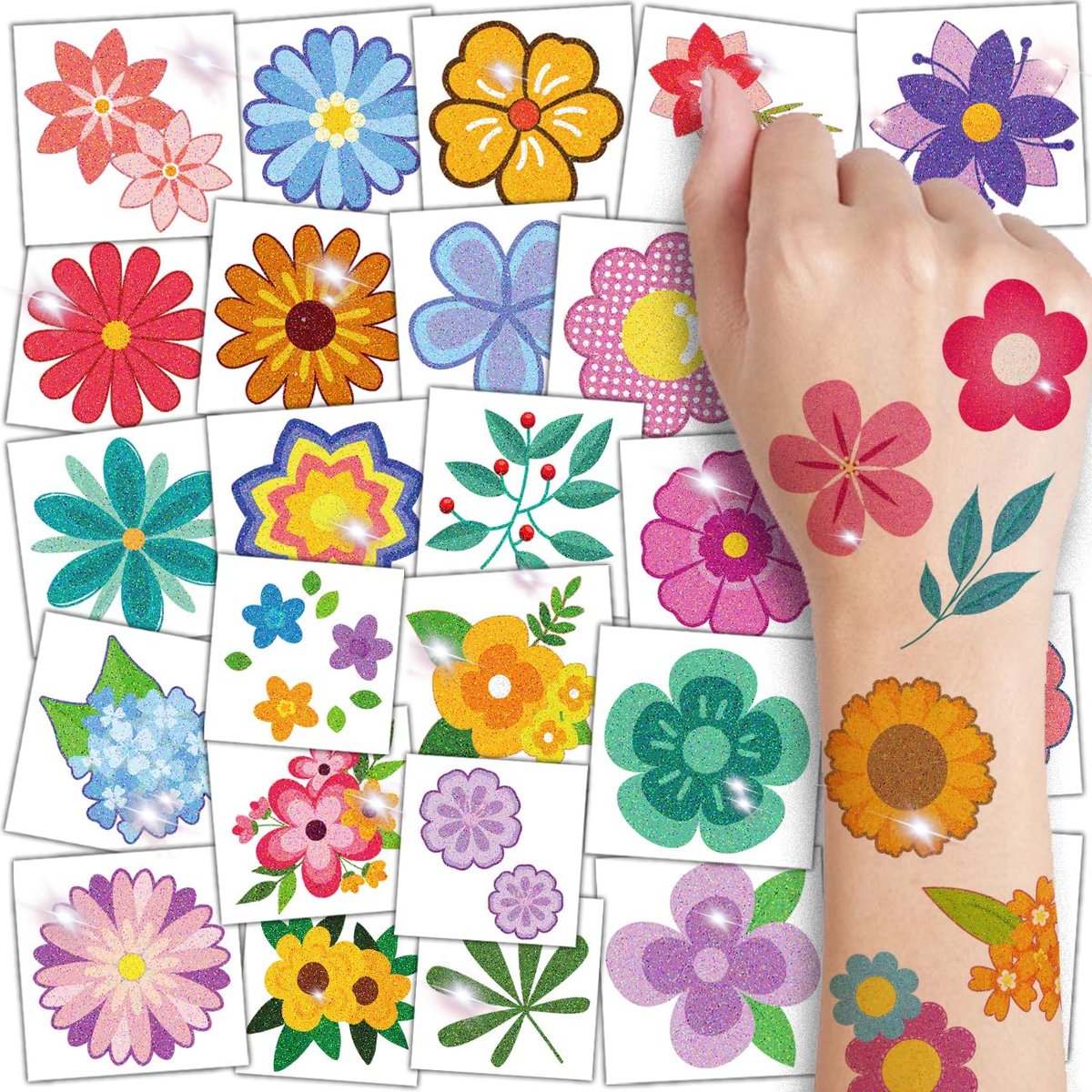 CHARLENT Glitzer Blumen temporäre Tattoos für Mädchen - 74 einzelne Blätter | Wasserfest & leicht ablösbar | Kindergeburtstag Partygeschenke, Blumendekoration