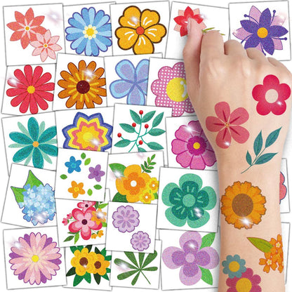 CHARLENT Glitzer Blumen temporäre Tattoos für Mädchen - 74 einzelne Blätter | Wasserfest & leicht ablösbar | Kindergeburtstag Partygeschenke, Blumendekoration