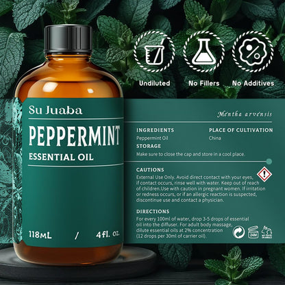 SU JUABA Pfefferminzöl 118 ml – 100% reines & natürliches Aromatherapieöl für Diffuser, Spray, Haut und Haar