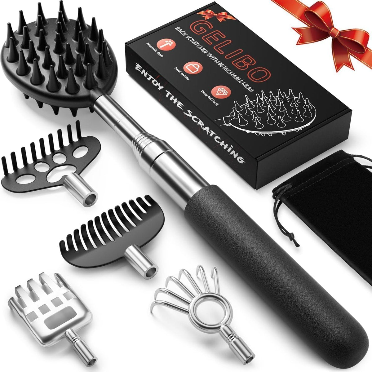 Gelibo Teleskopischer Großer Rückenkratzer mit 5 austauschbaren Köpfen, Verlängerbares Rückenmassagegerät, Geschenk zum Valentinstag für Ihn, Geschenke für Männer mit Schöner Box
