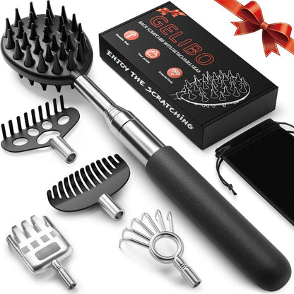 Gelibo Teleskopischer Großer Rückenkratzer mit 5 austauschbaren Köpfen, Verlängerbares Rückenmassagegerät, Geschenk zum Valentinstag für Ihn, Geschenke für Männer mit Schöner Box
