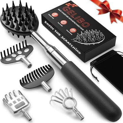 Gelibo Teleskopischer Großer Rückenkratzer mit 5 austauschbaren Köpfen, Verlängerbares Rückenmassagegerät, Geschenk zum Valentinstag für Ihn, Geschenke für Männer mit Schöner Box